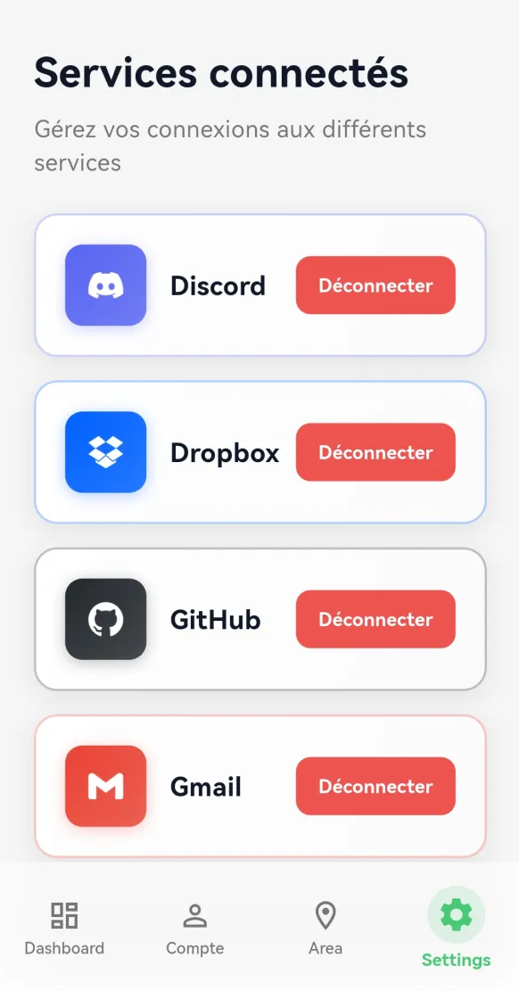 Configuration des services AREA Mobile